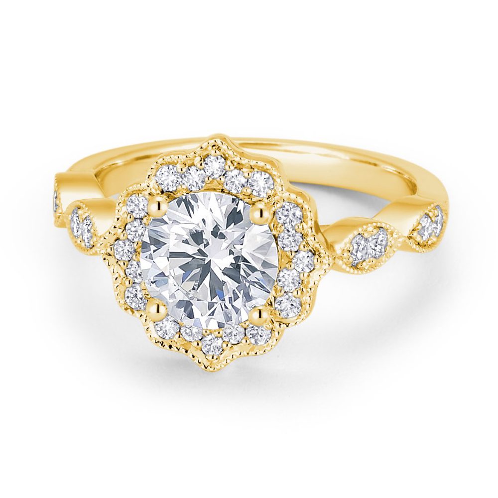 14K Yellow Gold Milgrain Halo Engagement Ring