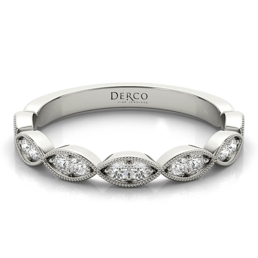 14K White Gold Vintage Inspired Leaf Diamond Band