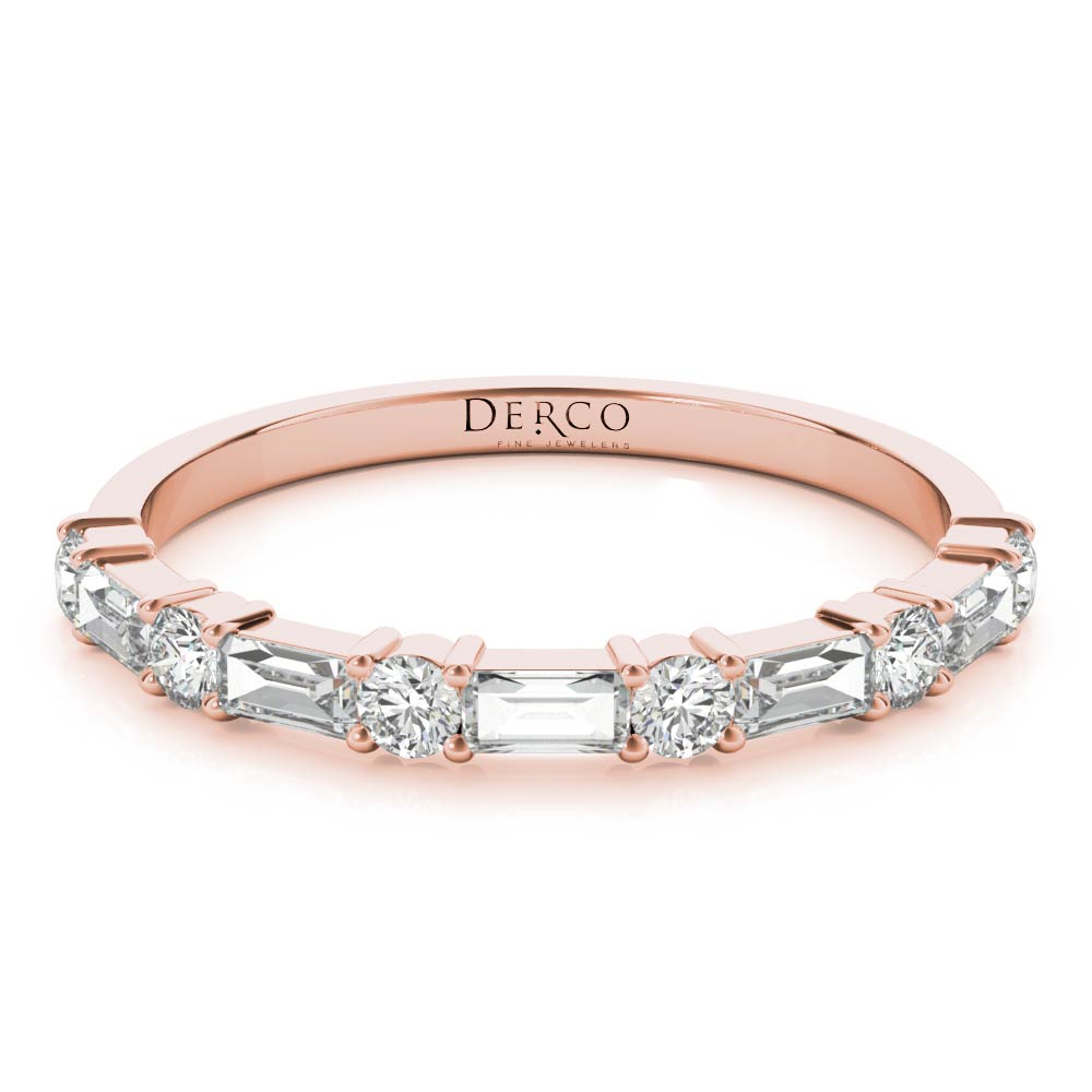 14K Rose Gold Alternating Round & Baguette Diamond Band