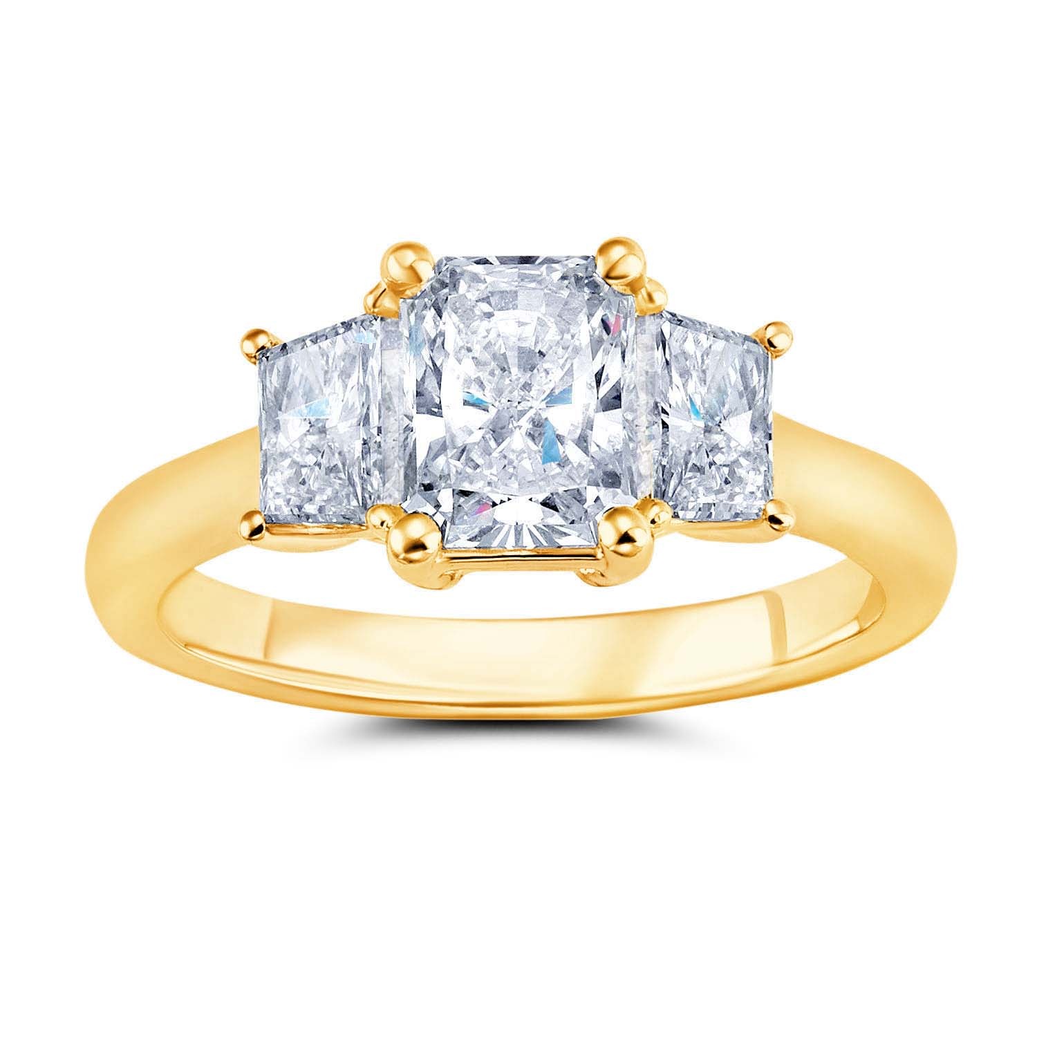 18K Yellow Gold Three Stone Trapezoid Diamond Engagement Ring