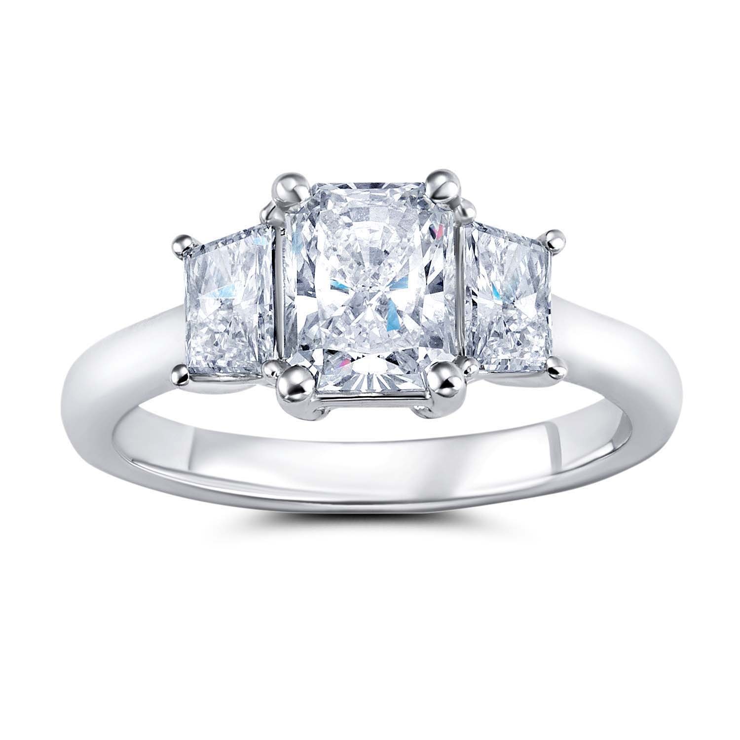 18K White Gold Three Stone Trapezoid Diamond Engagement Ring