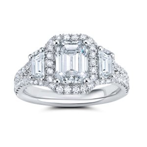 14K White Gold Emerald Halo Trapezoid Diamond Engagement Ring 14K White Gold Emerald Halo Trapezoid Diamond Engagement Ring
