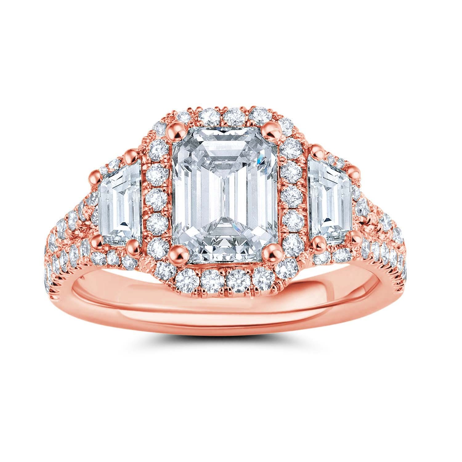 14K Rose Gold Emerald Halo Trapezoid Diamond Engagement Ring