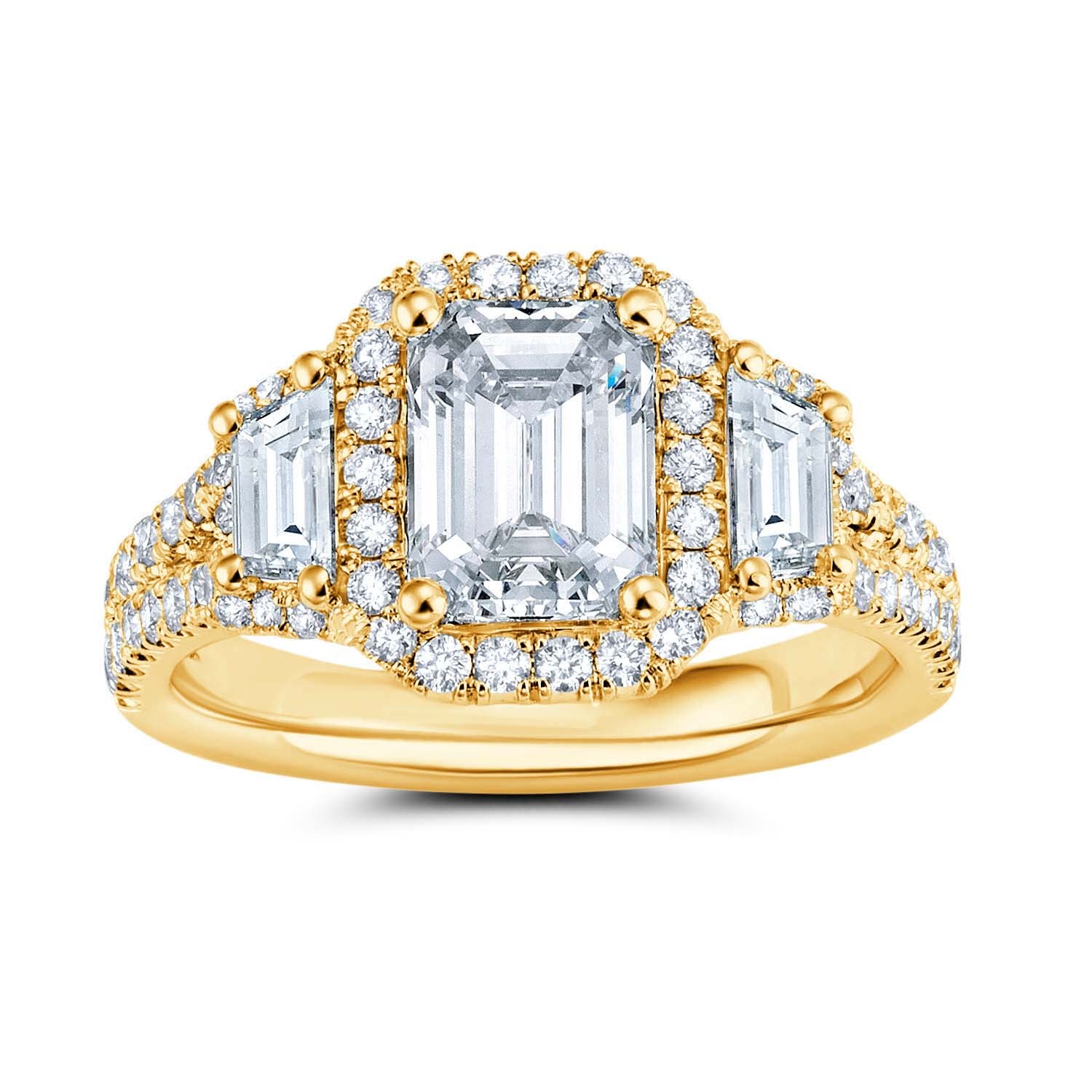 14K Yellow Gold Emerald Halo Trapezoid Diamond Engagement Ring