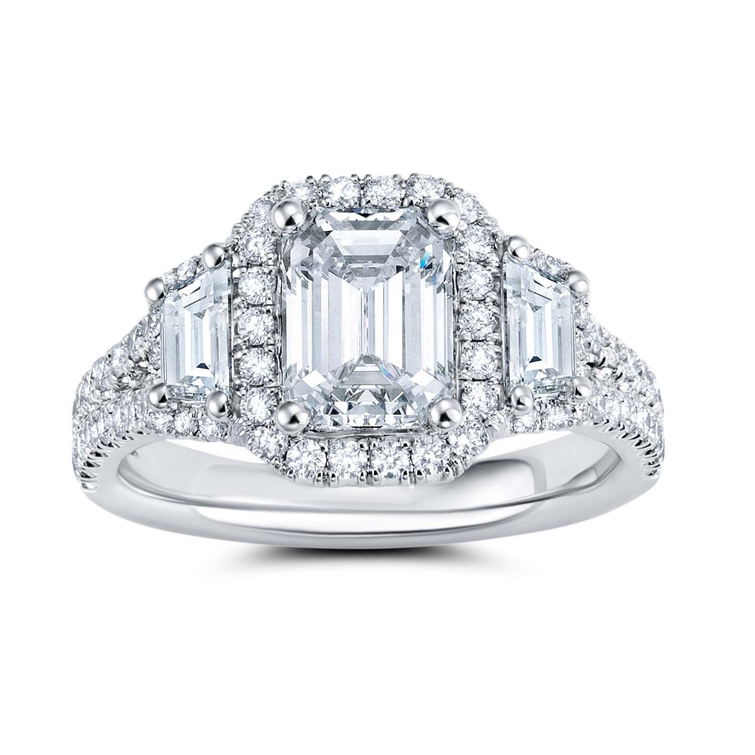 Platinum Emerald Halo Trapezoid Diamond Engagement Ring
