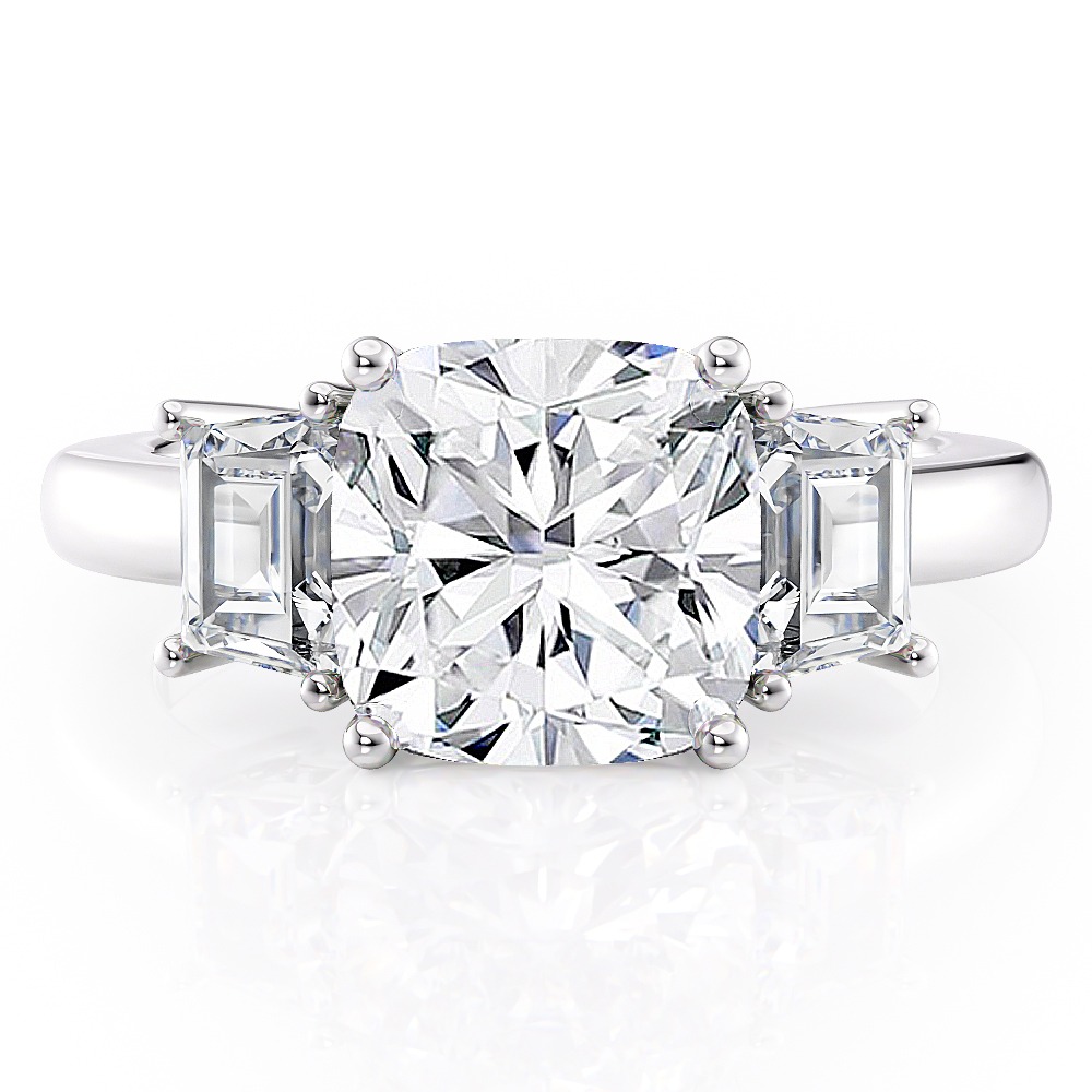 Platinum Three Stone Step Cut Trapezoid Diamond Ring