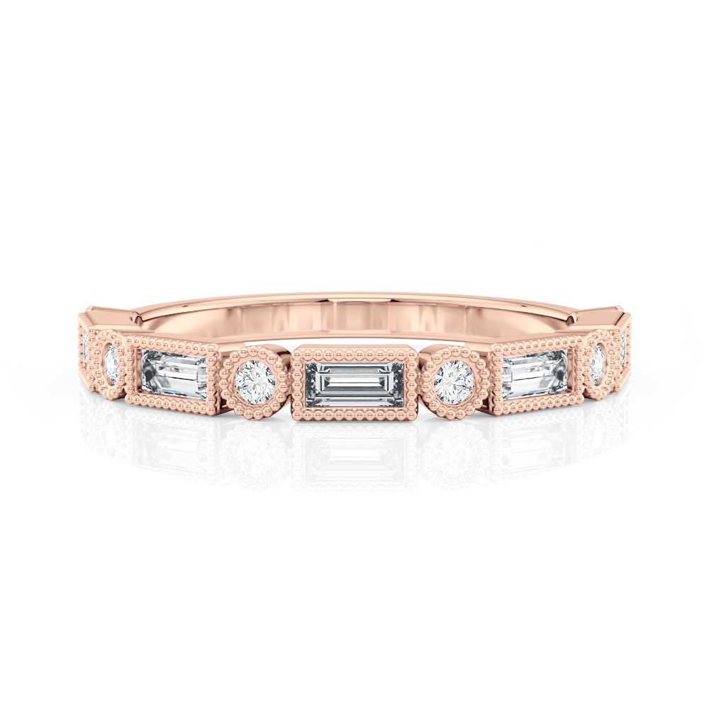 14K Rose Gold Alternating Round & Baguette Milgrain Diamond Band