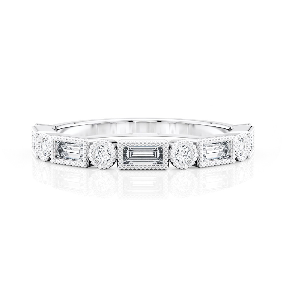 Platinum Alternating Round & Baguette Milgrain Diamond Band