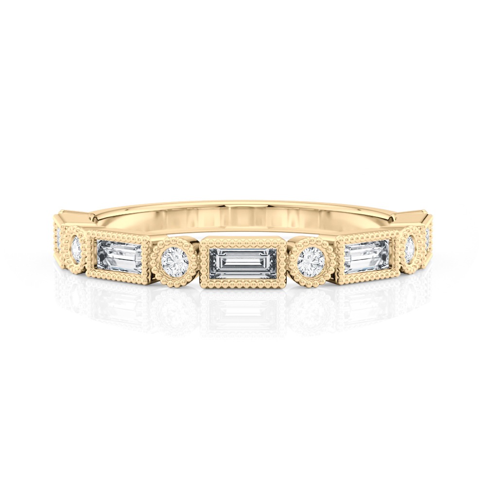 14K Yellow Gold Alternating Round & Baguette Milgrain Diamond Band