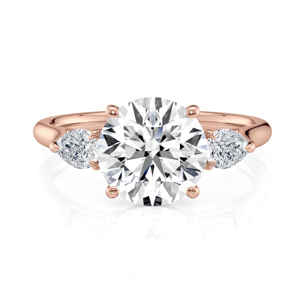 14K Rose Gold Round and Pear Flush Fit Three Stone