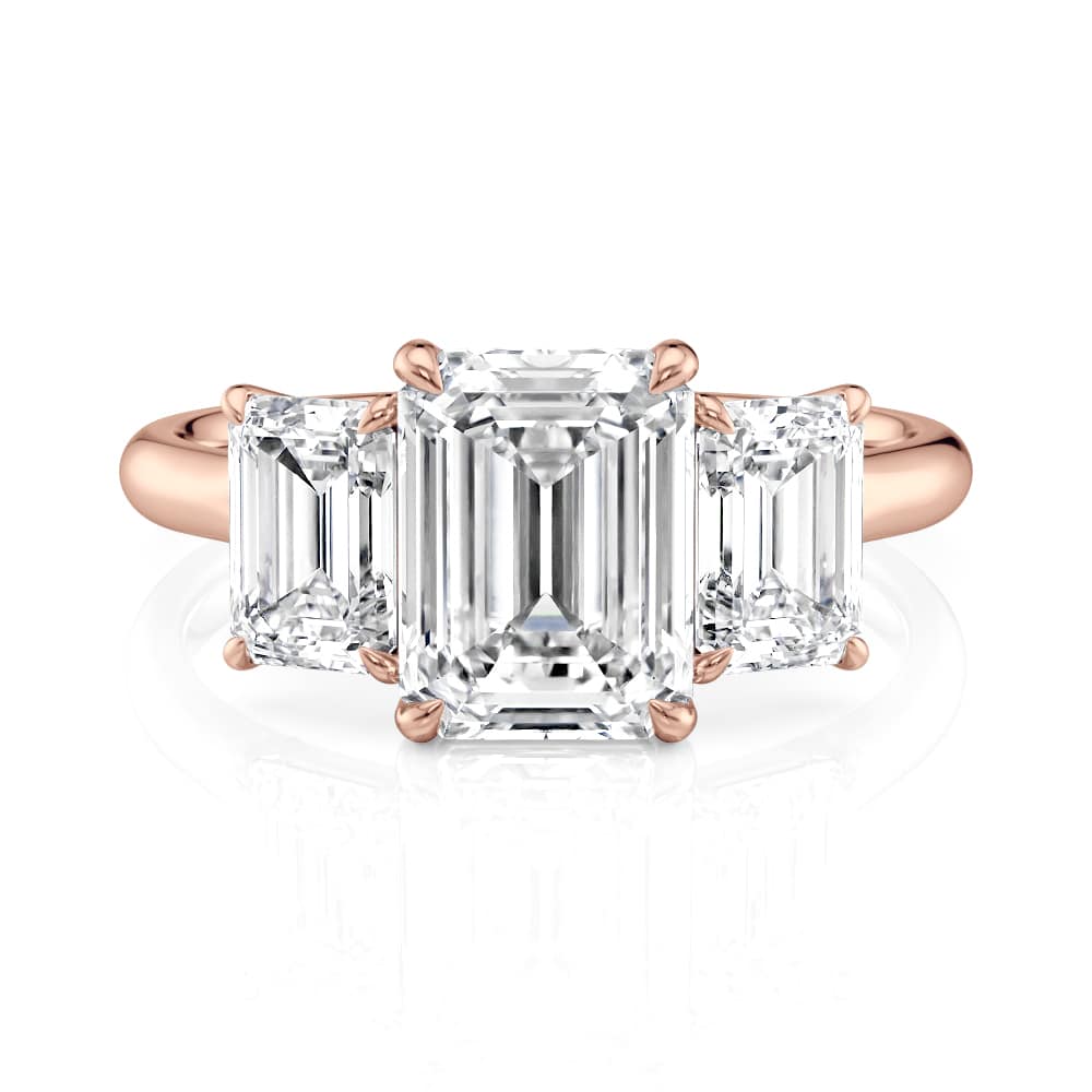 14K Rose Gold Three Stone Emerald Cut Diamond Engagement Ring