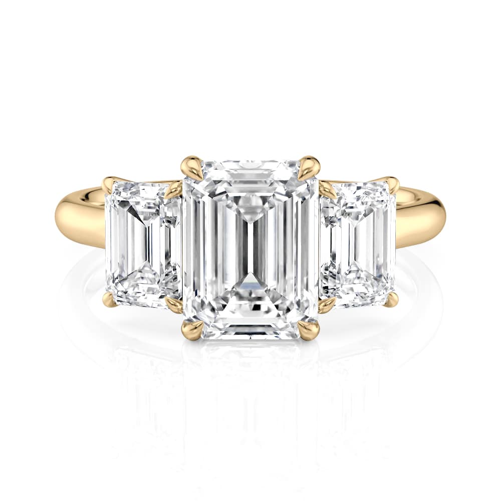 18K Yellow Gold Three Stone Emerald Cut Diamond Engagement Ring