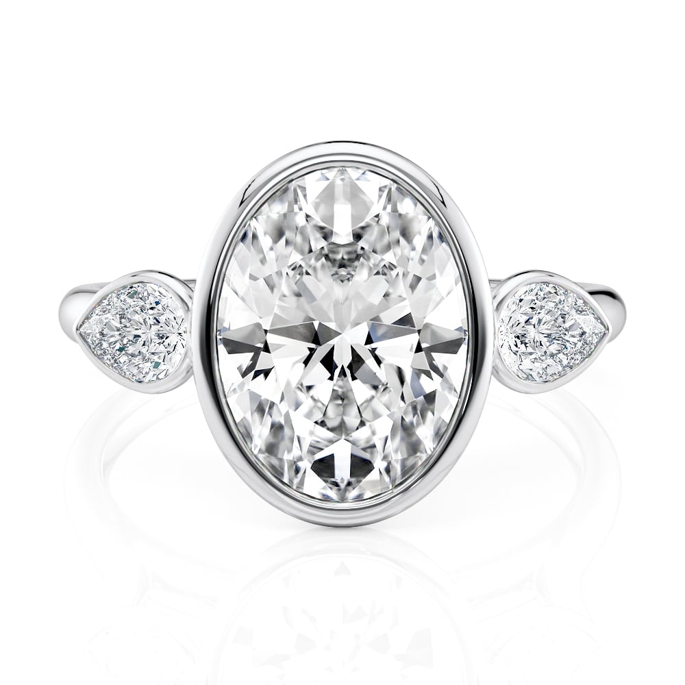14K White Gold Three stone bezel set with Pears
