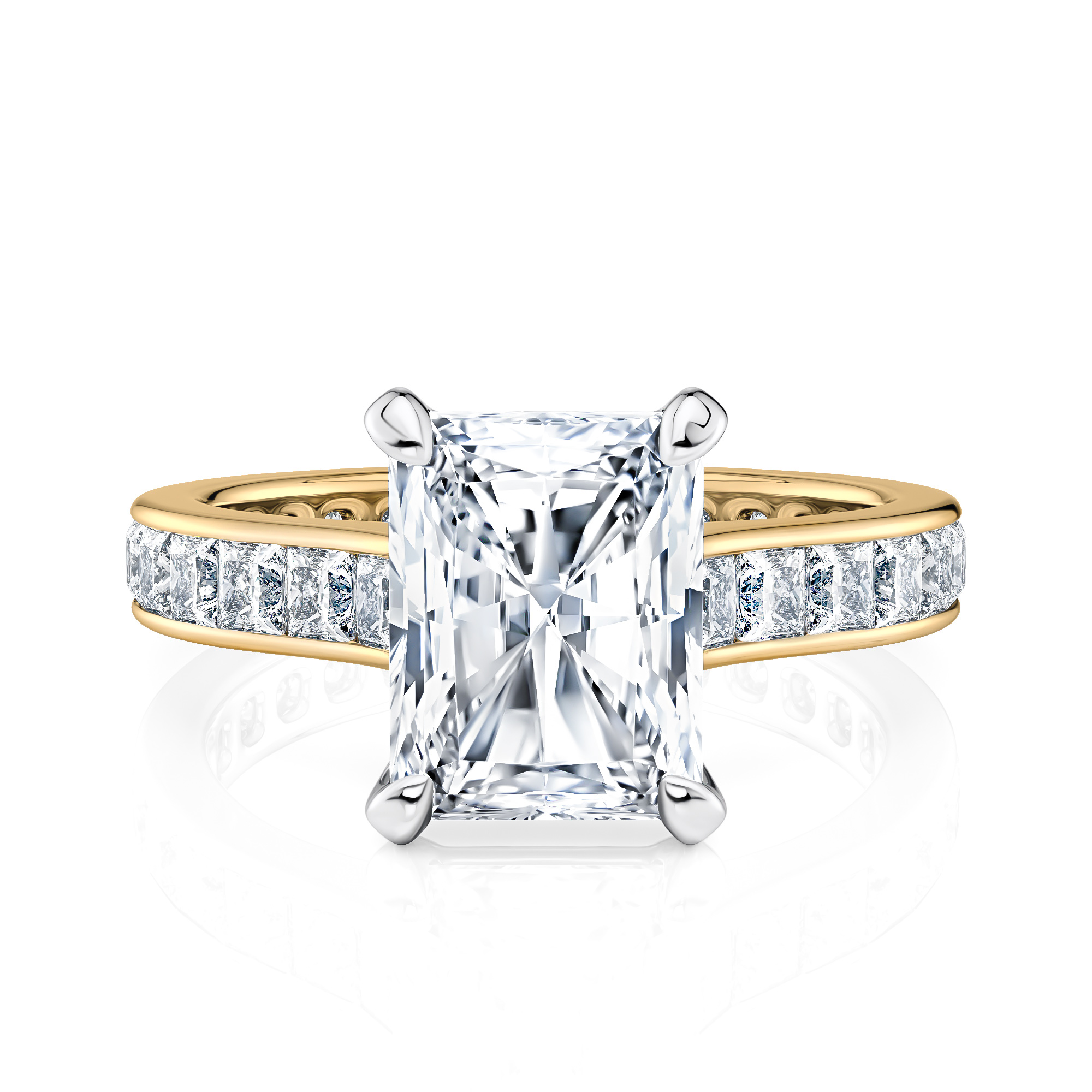 14K Yellow Gold Two Tone Radiant Cut Diamond With Channel Set Princess Cut Diamonds Engagement Ring
