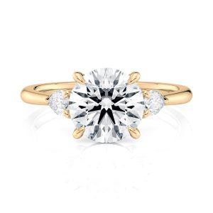 18K Yellow Gold Three Stone Pear Diamond Engagement Ring-Sits Flush With A Wedding Band 18K Yellow Gold Three Stone Pear Diamond Engagement Ring-Sits Flush With A Wedding Band