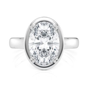14K White Gold Bold Hybrid Bezel Oval Engagement Ring With Double Claw Prongs