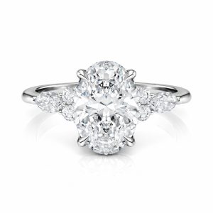 18K White Gold Oval Engagement Ring With Marquise & Round Cluster (Copy)
